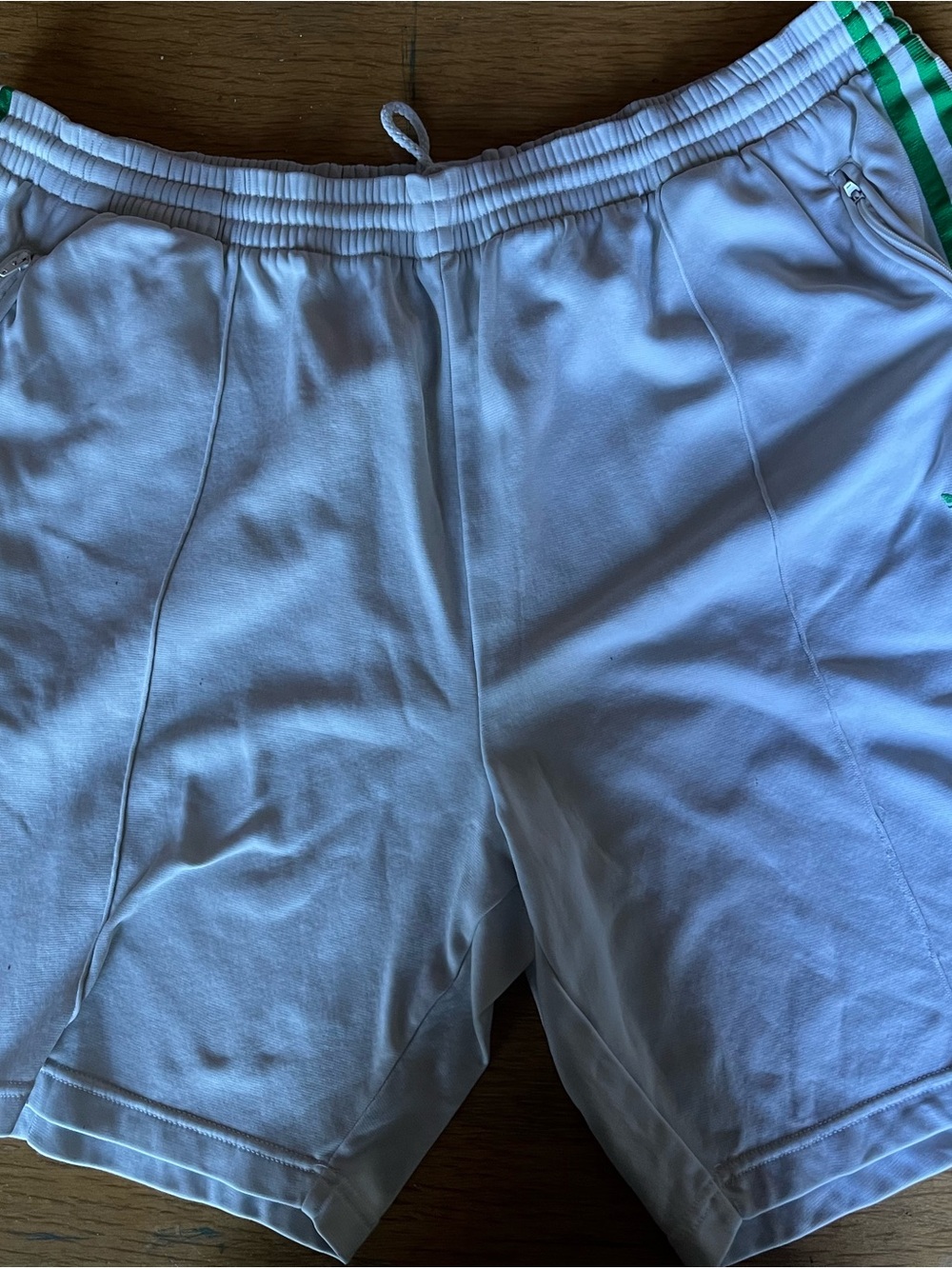 adidas White Athletic Shorts with Green Side Stripes